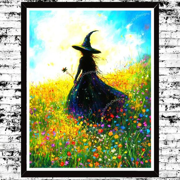 Witch in Wildflower Field Creepy Cute Halloween Art Print - Picture 1 of 4